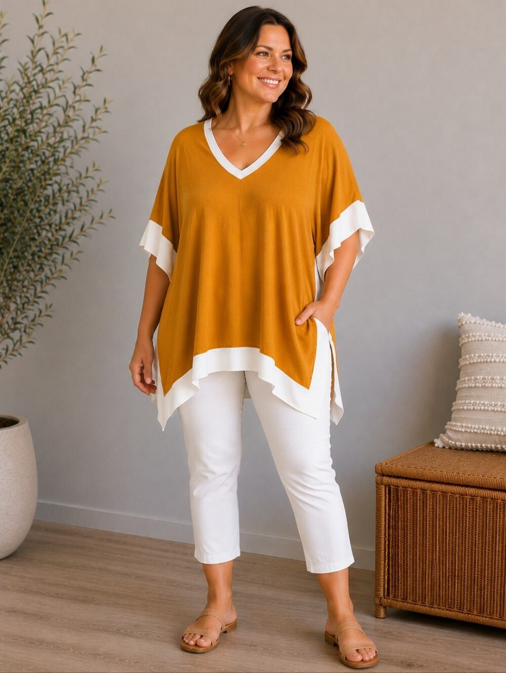 Anthony Original Mustard Ivory Colorblock Dolman Sleeve Tunic Top Medium